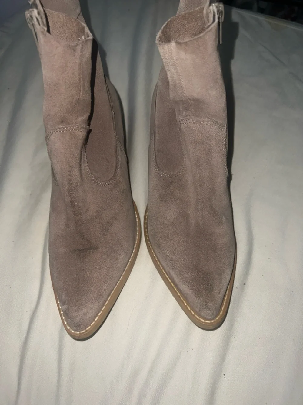 Jeffrey Campbell Taupe Suede Ankle Booties with Stacked Wood Heel - Picture 3 of 6